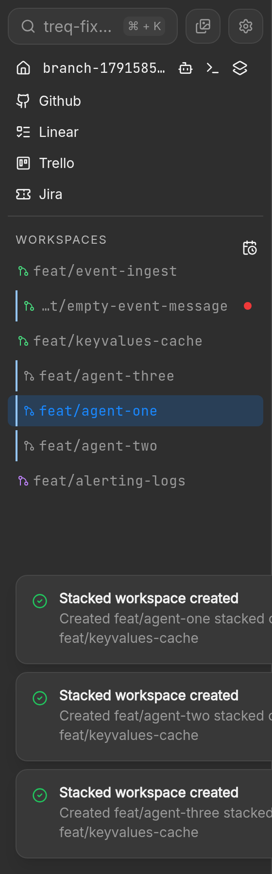 Sidebar after three new agent workspaces appear